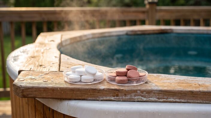 white chlorine tablets and reddish bromine tablets in small dishes beside a spa