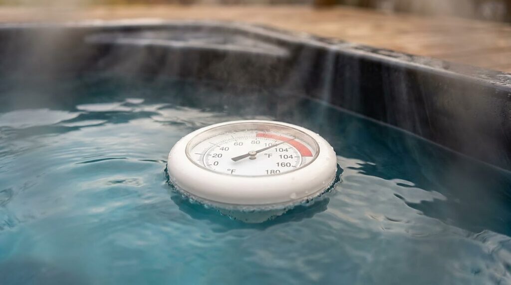 floating spa thermometer showing water temperature near the 104 degree safety limit