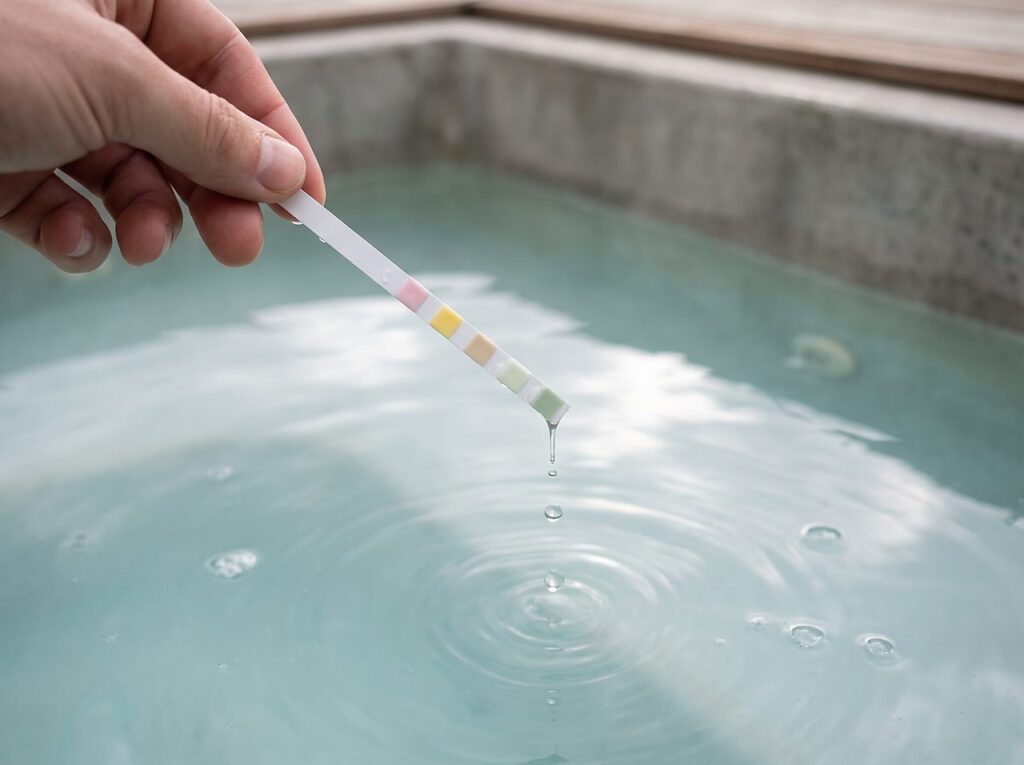 plain test strip dipped into slightly cloudy hot tub water for a sanitizer check