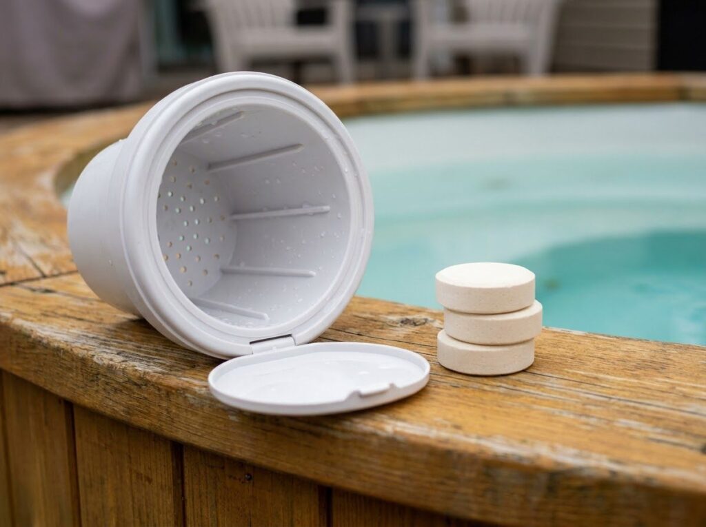 an empty rinsed floating dispenser beside a single stack of sanitizer tablets
