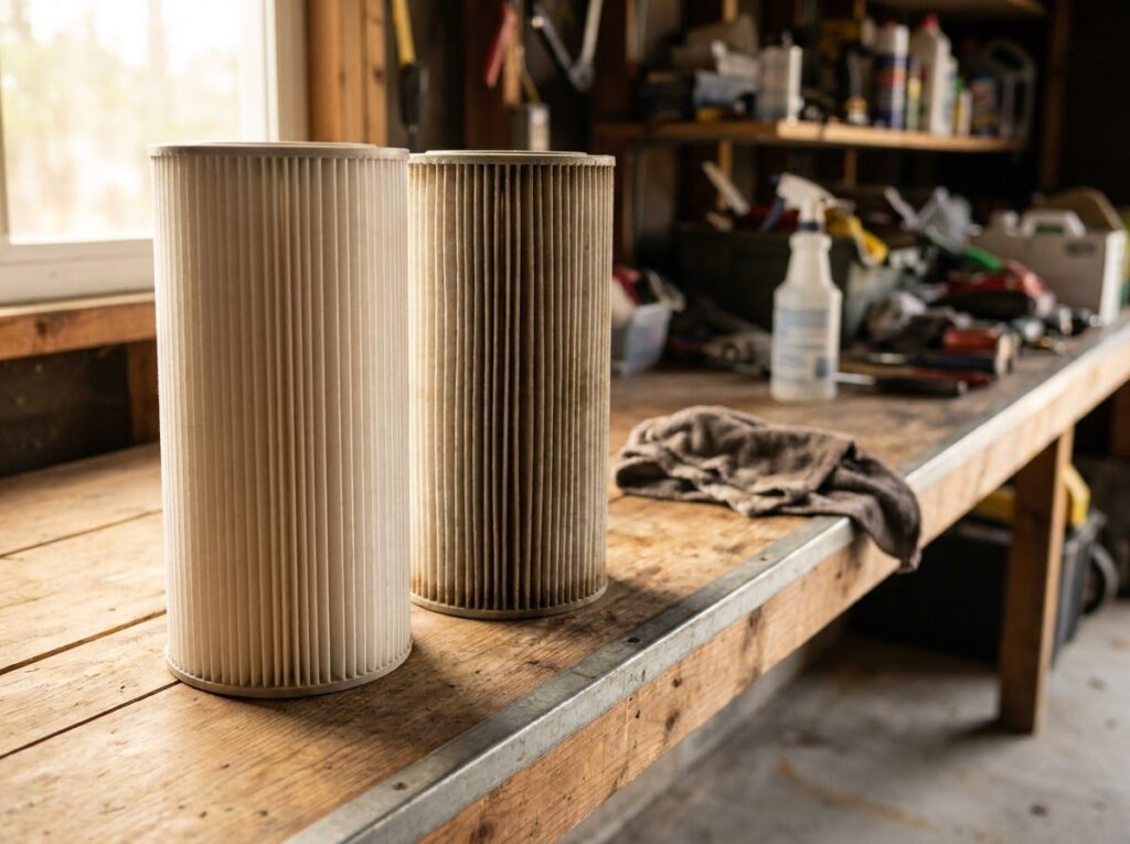 two pleated spa filters on a shelf, one clean and one due for cleaning