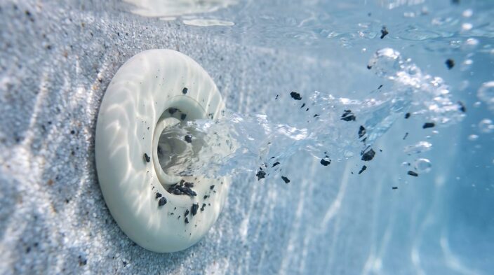 dark flecks drifting from a hot tub jet nozzle underwater during use