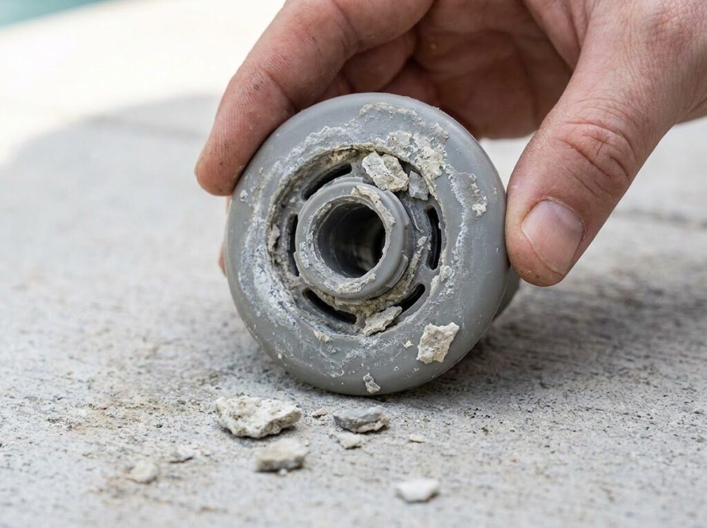 a removed hot tub jet insert coated in crusty white calcium scale buildup