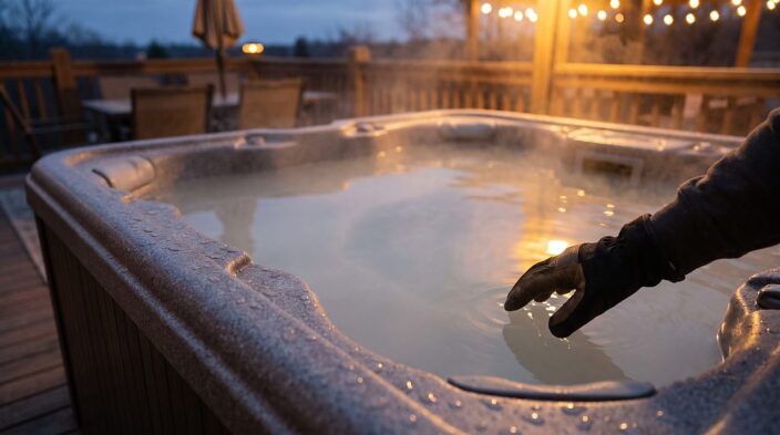 cloudy milky white hot tub water viewed close up at dusk