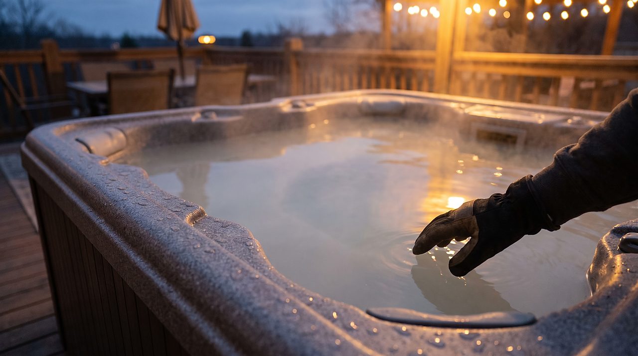cloudy milky white hot tub water viewed close up at dusk