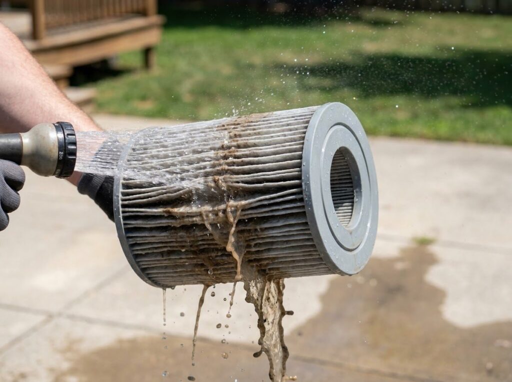pleated spa filter cartridge being hose-rinsed clean outdoors