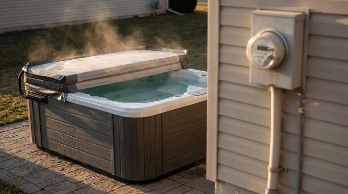 a backyard hot tub steaming at dusk near a home's electric utility meter