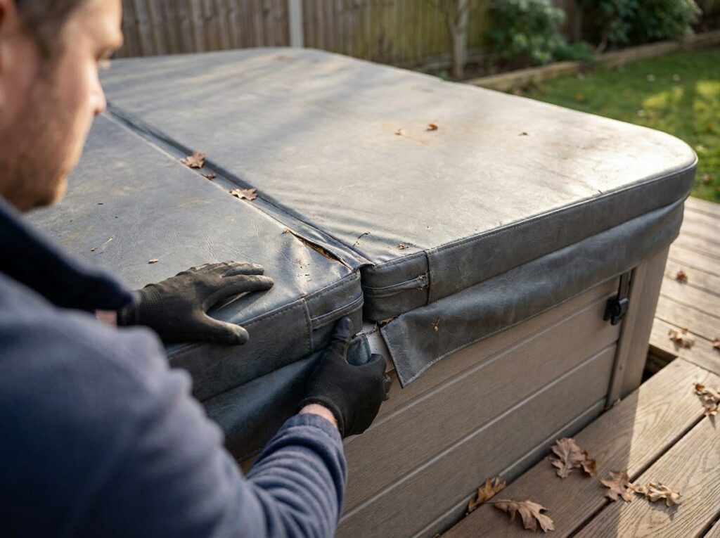 checking a hot tub cover's edge seal for gaps that let heat escape