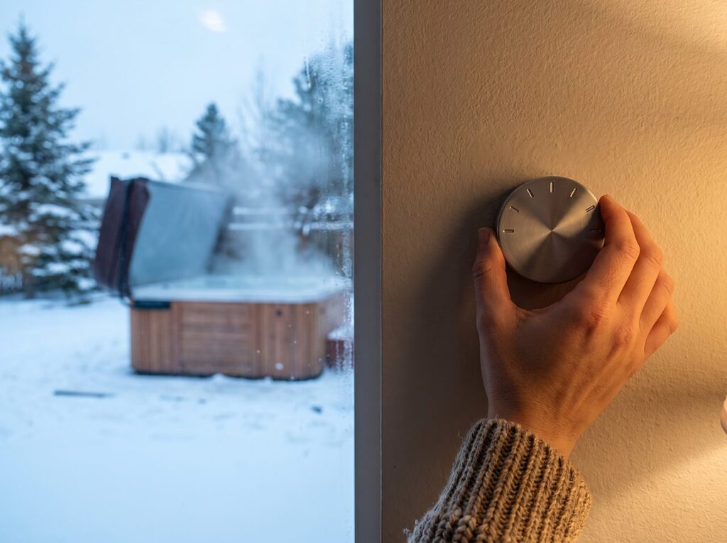 adjusting an indoor dial near a window overlooking a steaming winter hot tub