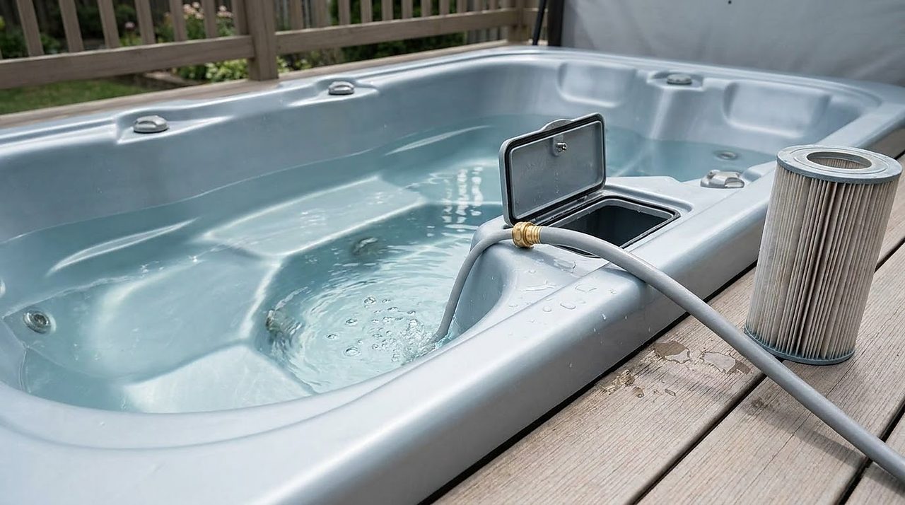 garden hose filling a hot tub through its open filter well to prevent air lock