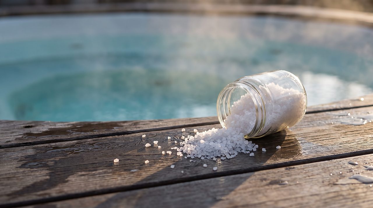 coarse white bath salt crystals spilled beside a steaming residential hot tub