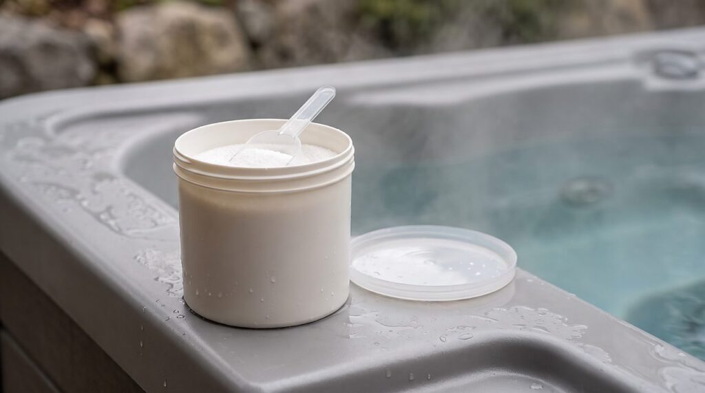 unlabeled spa-formulated soak granules in a scoop beside hot tub water