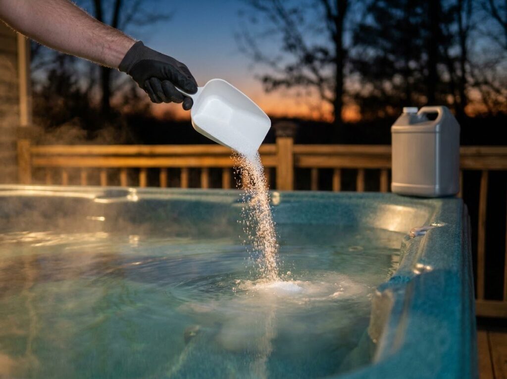 granular chlorine shock being poured into hot tub water at dusk