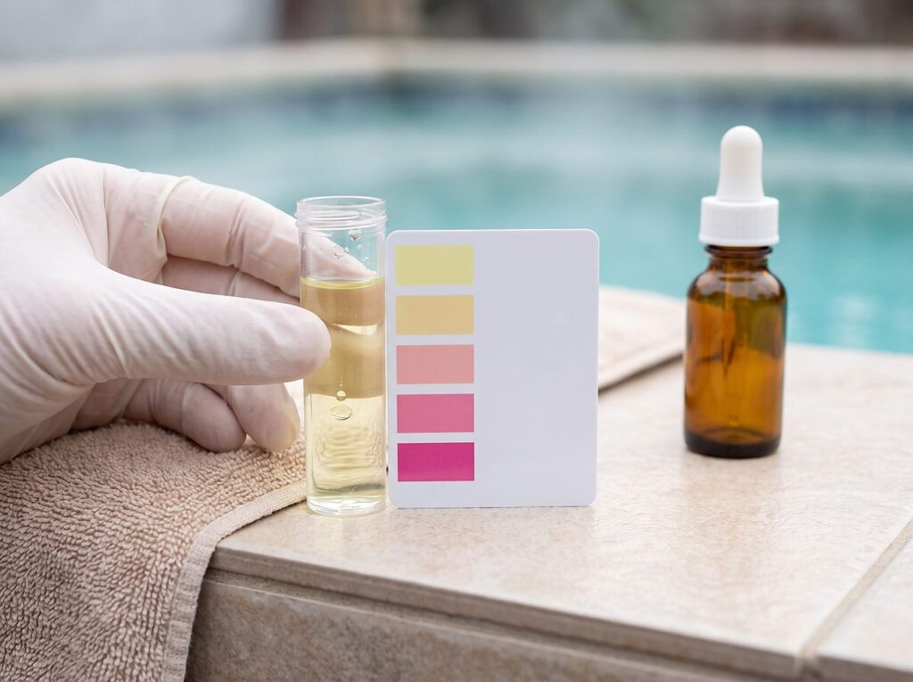 liquid test kit vial compared against a color chart to read chlorine levels