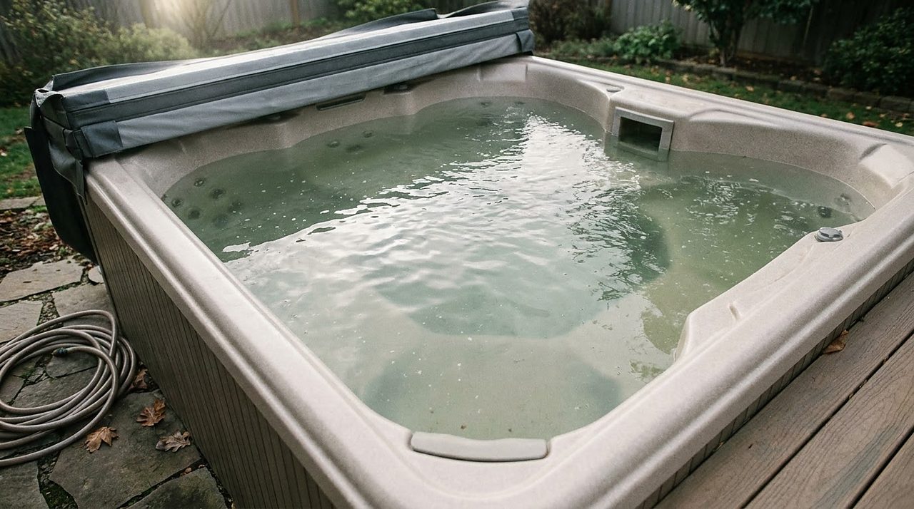 cloudy green hot tub water in an outdoor spa needing a chemistry diagnosis