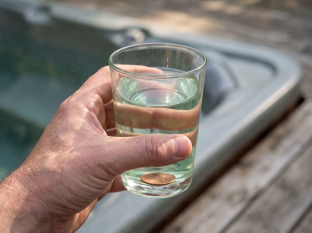 hand holding a clear glass of green spa water to check if it is clear or cloudy