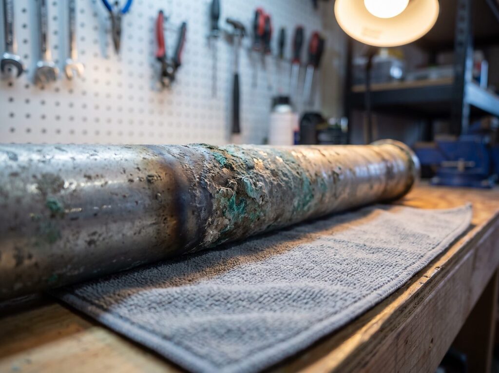 corroded metal spa heater element showing green oxidation from dissolved copper