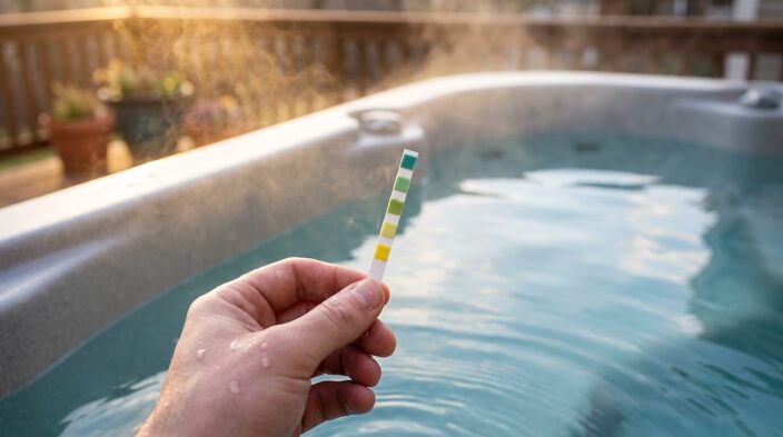 hand holding a wet test strip above hot tub water to read alkalinity