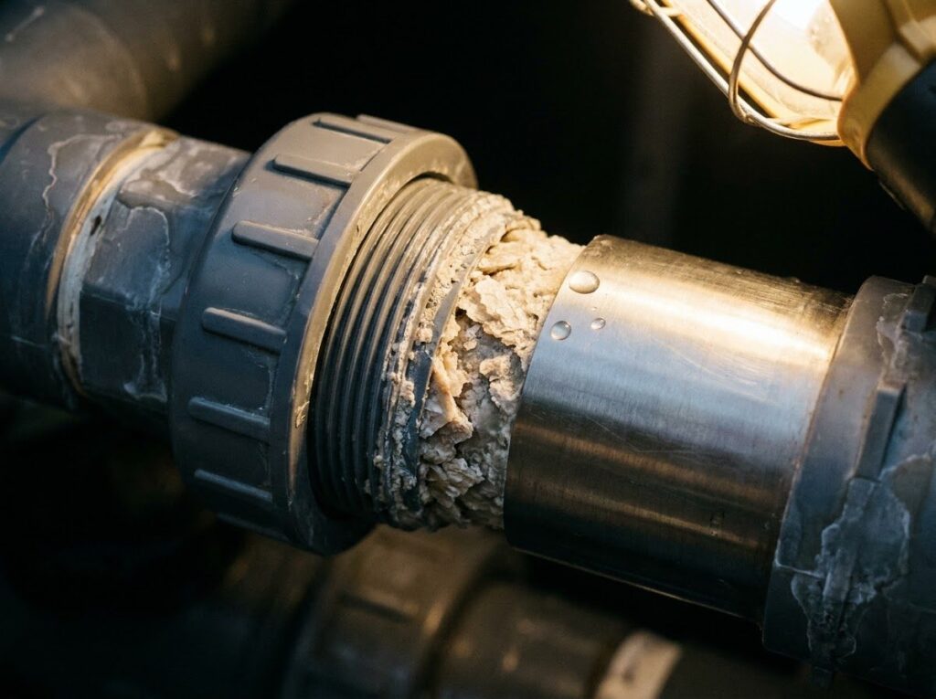 chalky mineral scale buildup inside a hot tub heater fitting