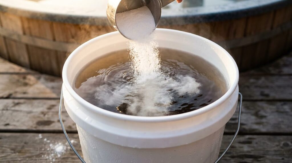 white powder dissolving into a bucket of water beside a hot tub
