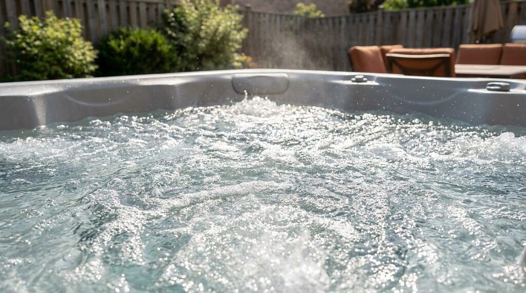 hot tub jets churning and aerating the water's surface in sunlight