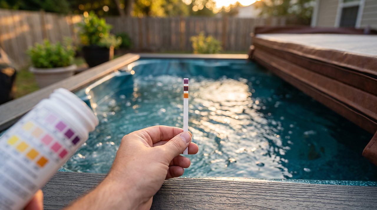 hand holding a chlorine test strip over hot tub water showing an overly high reading