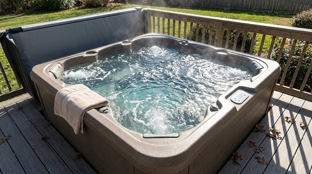 hot tub with the cover off and jets running outdoors in direct sunlight
