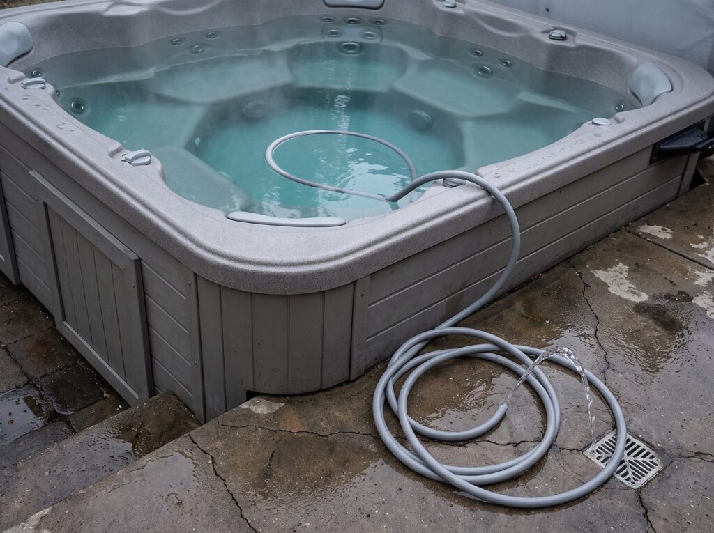 hose partially draining hot tub water to dilute an over-chlorinated spa