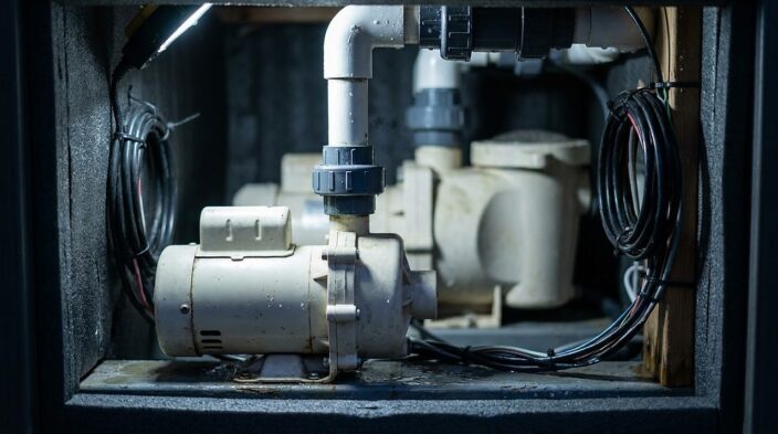 small circulation pump mounted beside a larger jet pump inside the equipment bay