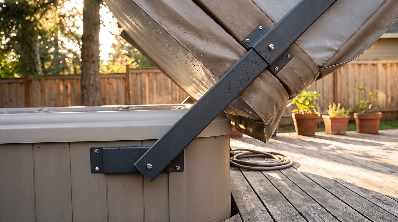 pivot-arm cover lifter holding a hot tub cover partly open on a deck