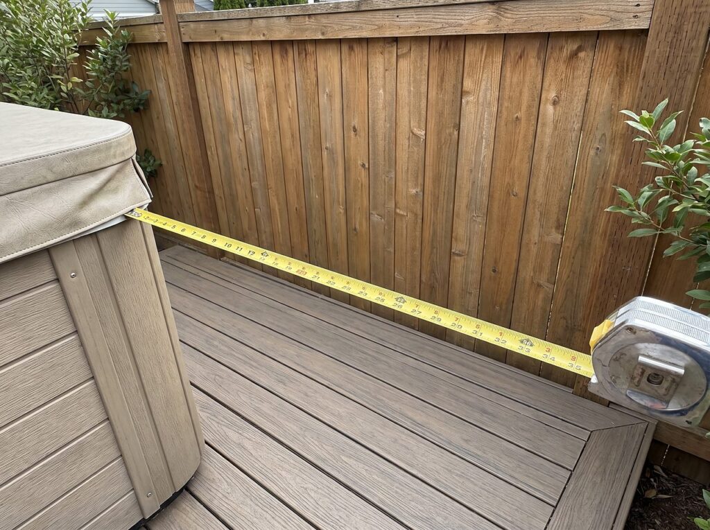 tape measure spanning the gap behind a hot tub cabinet and a fence