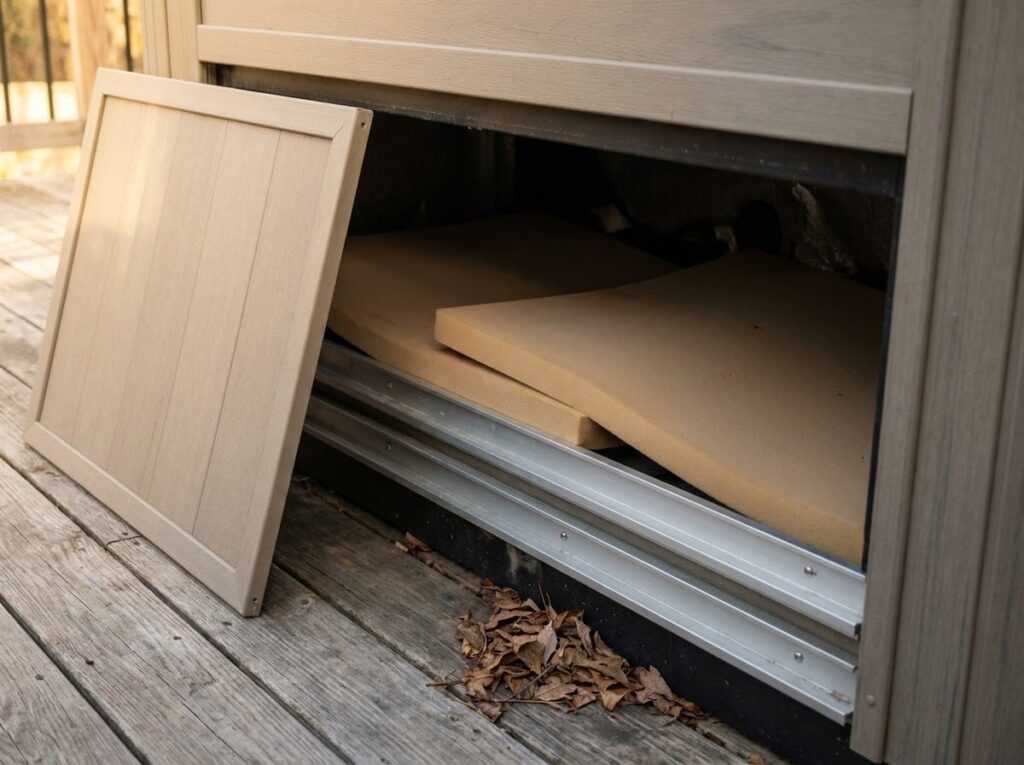 concealed undermount cover lifter track revealed inside an open cabinet panel