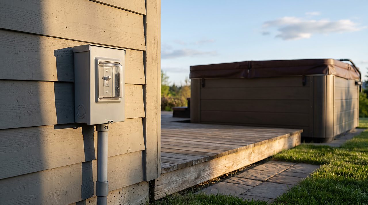 outdoor GFCI disconnect box mounted a safe distance from a covered hot tub