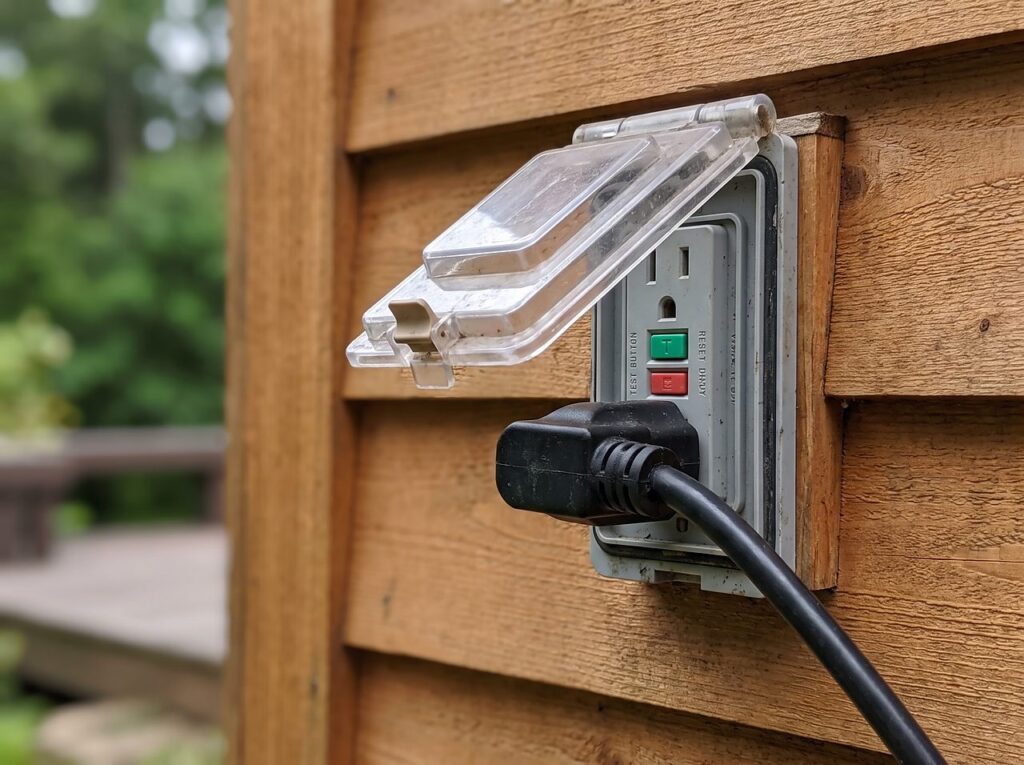 outdoor GFCI outlet with a spa power cord plugged in, cover open