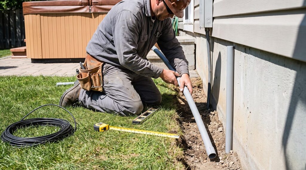 electrician running conduit through a backyard trench toward a hot tub