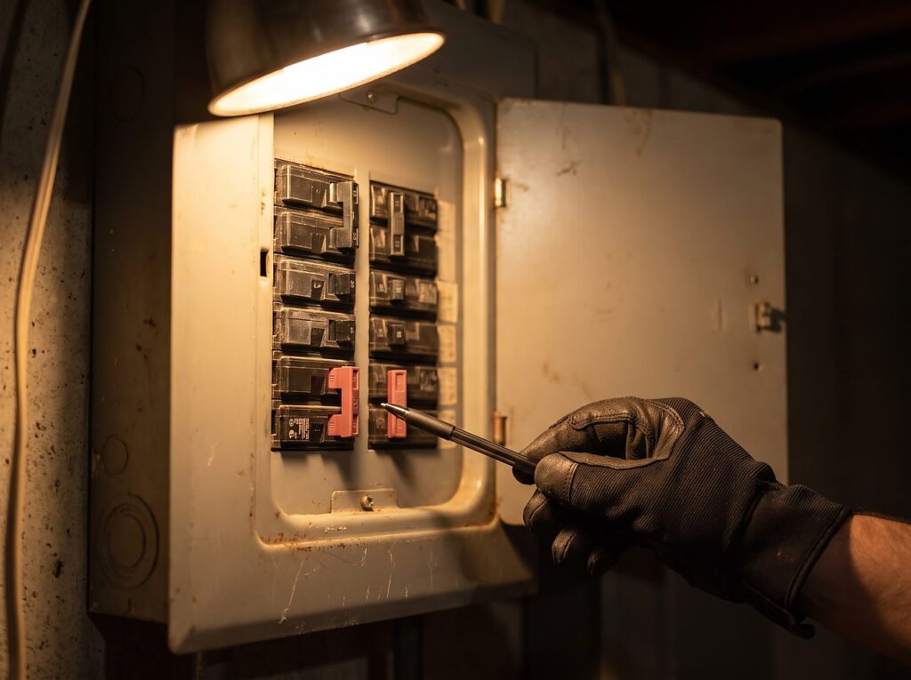 electrician checking breaker panel capacity before adding a spa circuit