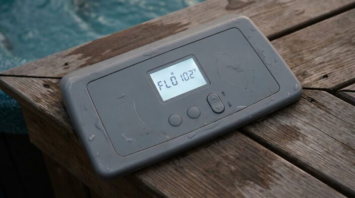 hot tub topside control panel glowing with a blinking flow-related error code