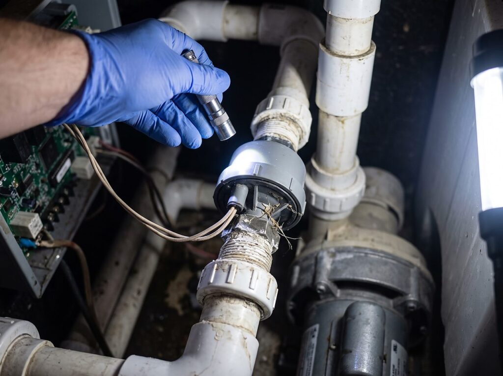 close-up of a pressure switch checked for debris during a flow error diagnosis
