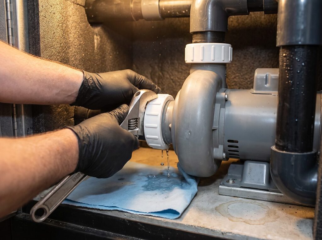 loosening a union nut slowly to bleed trapped air from hot tub plumbing