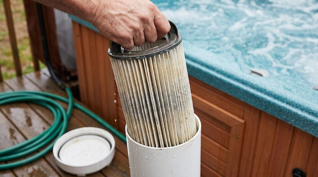 a dirty pleated cartridge filter pulled from its housing to clear a flow error