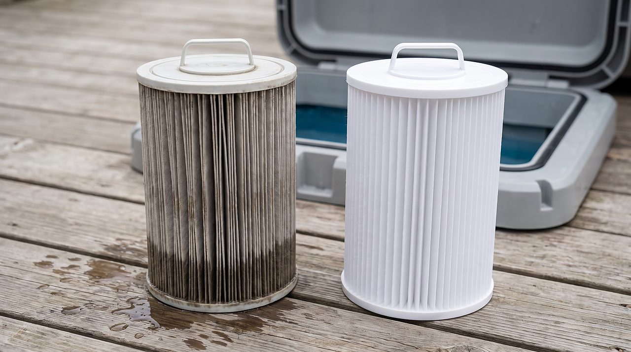 a worn flattened pleated filter cartridge beside a fresh cartridge with crisp pleats