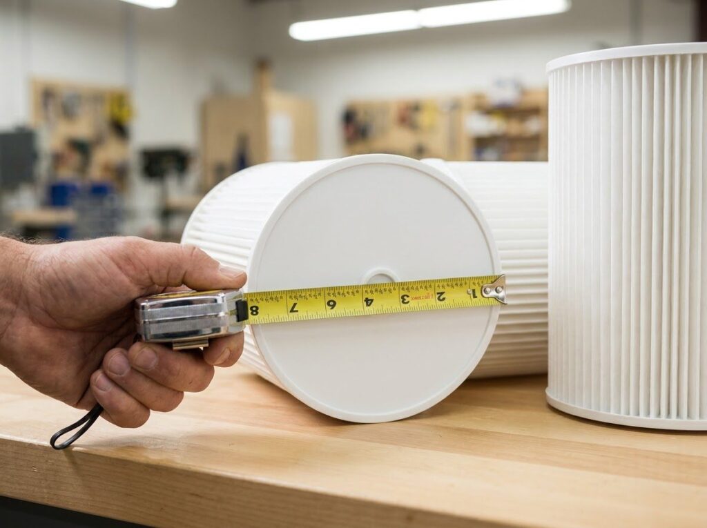 a hand measuring a spa filter cartridge's diameter with a tape measure