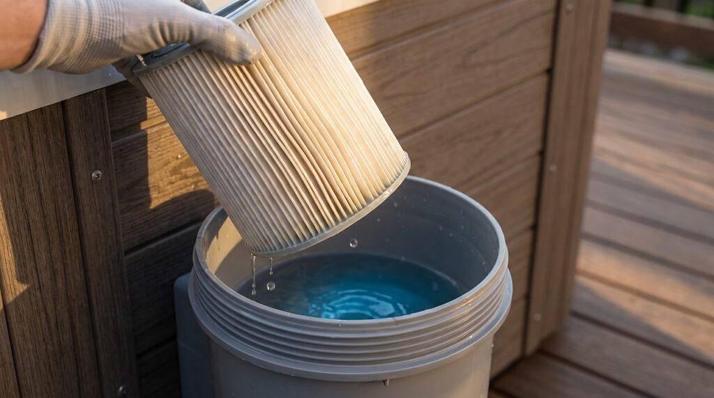a wet pleated filter cartridge being lifted out of its housing for inspection