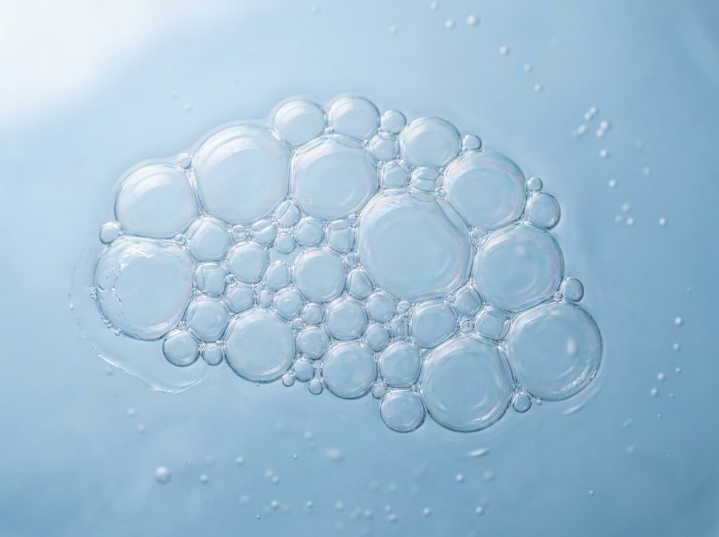 macro view of translucent foam bubbles clustered on spa water surface