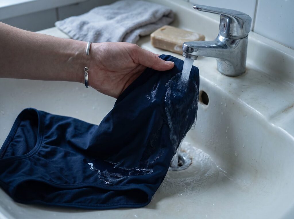 a swimsuit being rinsed plain under a sink faucet to remove detergent