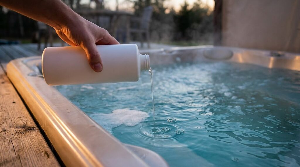 hand pouring a clear defoamer treatment into foamy hot tub water