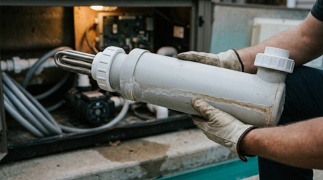 gloved hands holding a removed generic spa heater assembly above an open equipment bay