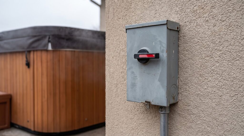 outdoor GFCI disconnect box mounted at a safe distance from a hot tub