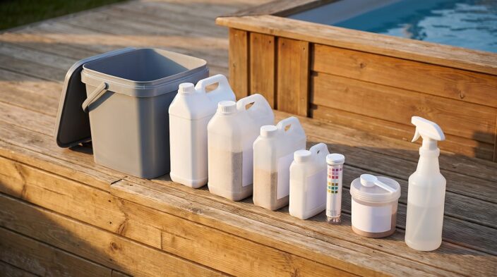 hot tub chemical containers and test strips laid out and sorted beside the spa