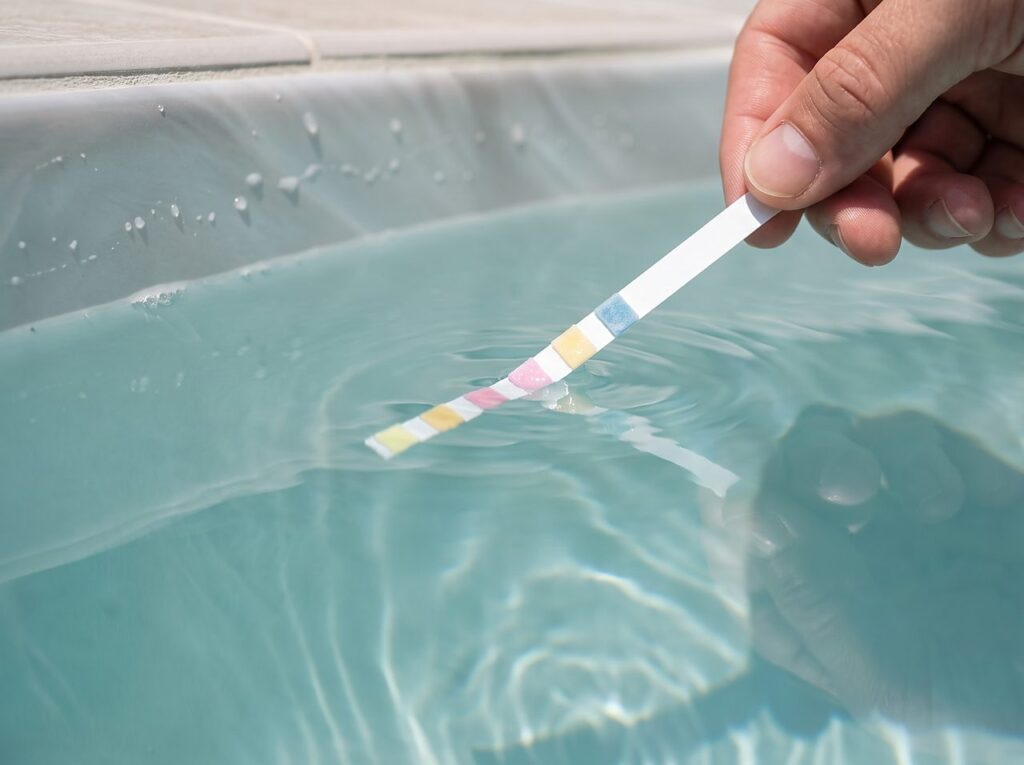 a test strip dipped into hot tub water to check sanitizer and pH levels